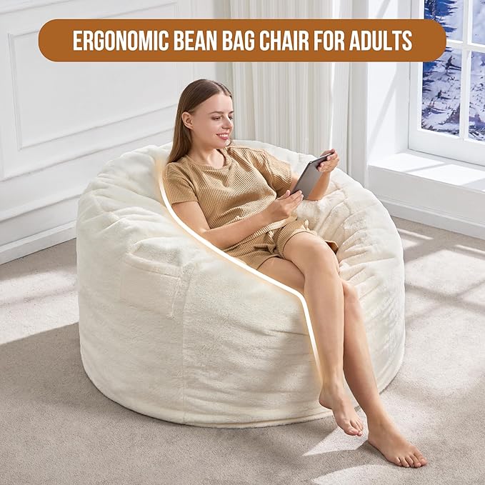 Hobestluk 3ft Bean Bag Chairs for Adults Large Beanbag Chair with Plush Faux Fur Cover Big Bean Bag Chair for Living Room Bedroom Dorm Office - White(36” x 36” x 22”)