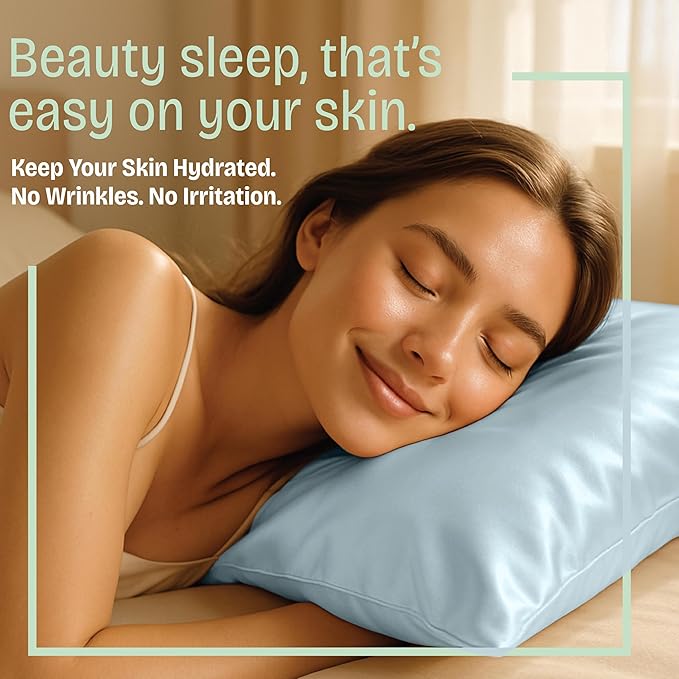 Satin Pillowcase with Zipper, for Hair and Skin Care, Feels Soft and Cool Like a Silk Pillowcase, Satin Pillow Cases 2 Pack, Slik Pillow Cover, Baby Blue - Queen Size, Set of 2