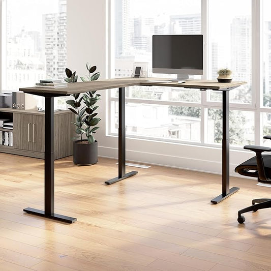 Bush Business Furniture 60-inch Height Adjustable L Shaped Standing Desk, Electric Sit-Stand Corner Computer Table, Ergonomic Office, Move 60 Series, Modern Hickory with Black Base