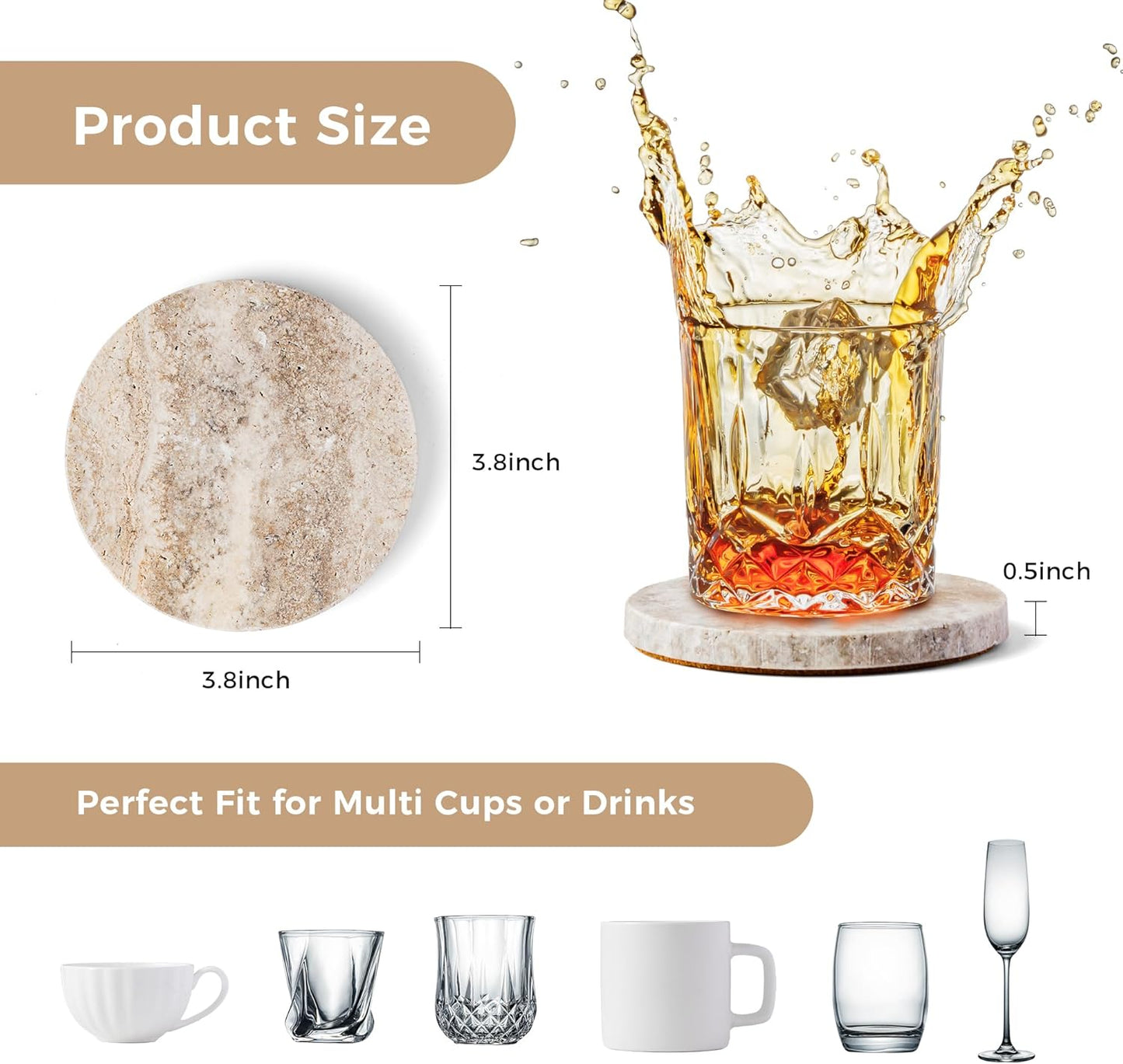 WORHE Marble Coaster for Drinks 4" Diameter Set of 4 Round Travertine Coasters for Home Decor Office Parties Birthday Housewarming Gift, Protect Countertops from Dirty,Sturdy and Tough Gray (WH056)