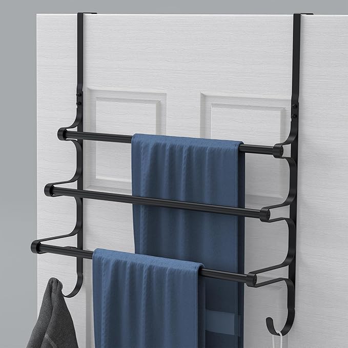 Over The Door Towel Rack, Over Door Towel Rack for Bathroom Door, Triple Towel Storage Holder with Hooks (Matte Black, 17.32" L)