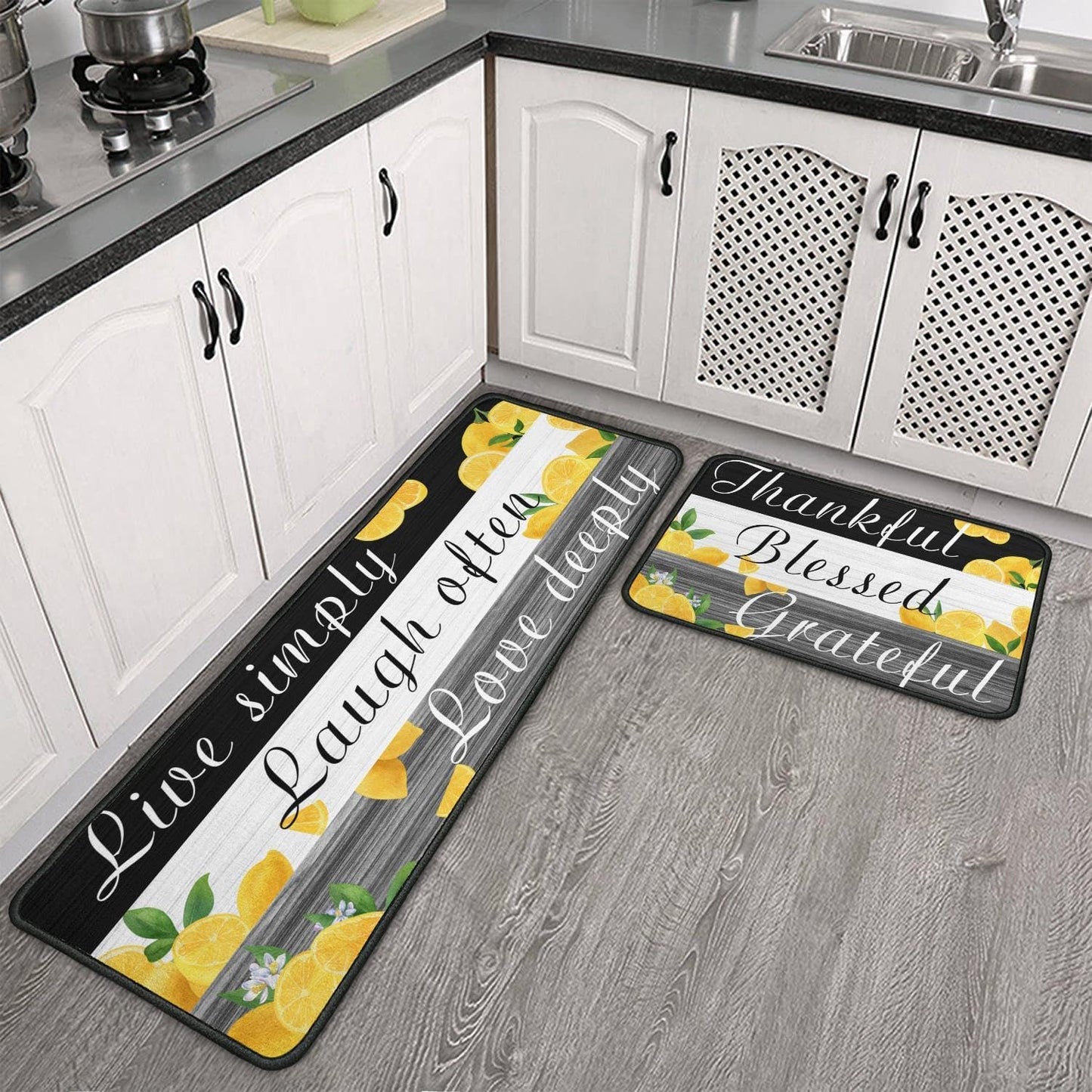 2 Pieces Lemon Kitchen Decor Rug Set, Washable Non-Slip Kitchen Sink Mats, Indoor Laundry Room Runner Area Carpet Farmhouse Style Decoration 17"x47"+17"x30"