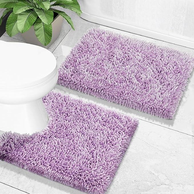 Yimobra Toilet Rugs U Shaped Washable, Extra Thick Soft Absorbent Chenille Contour Bathroom Rugs for Toilet 24x20 Inch, Quick Dry Non Slip Toilet Mat for Bath Floor, Lilac