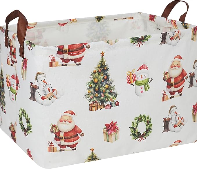 CLOCOR Collapsible Fabric Storage Container, Waterproof Toy Bin with Handles, Gift Basket (Watercolor Christmas)