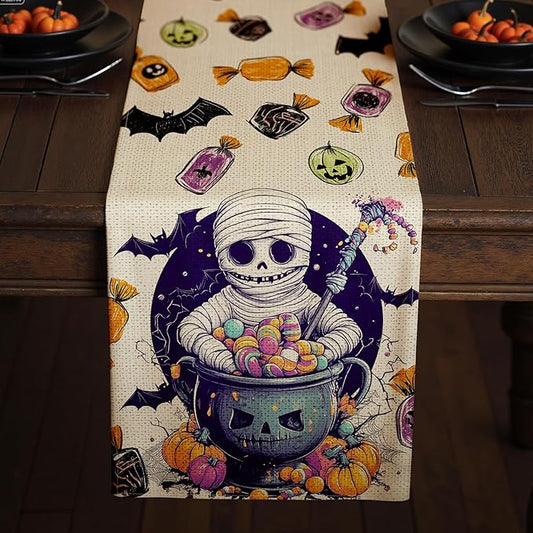 Halloween Table Runner with Mummies,Pumpkins & Candy,Table Decoration for Dining Party and Home Decor,96x13 inches