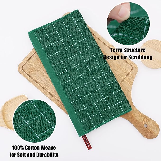 Homaxy 100% Cotton Terry Kitchen Dish Cloths, Ultra Soft and Absorbent Dish Towels for Kitchen, Perfect for Drying and Washing Dishes, 8 Pack, 12 x 12 Inches, Dark Green