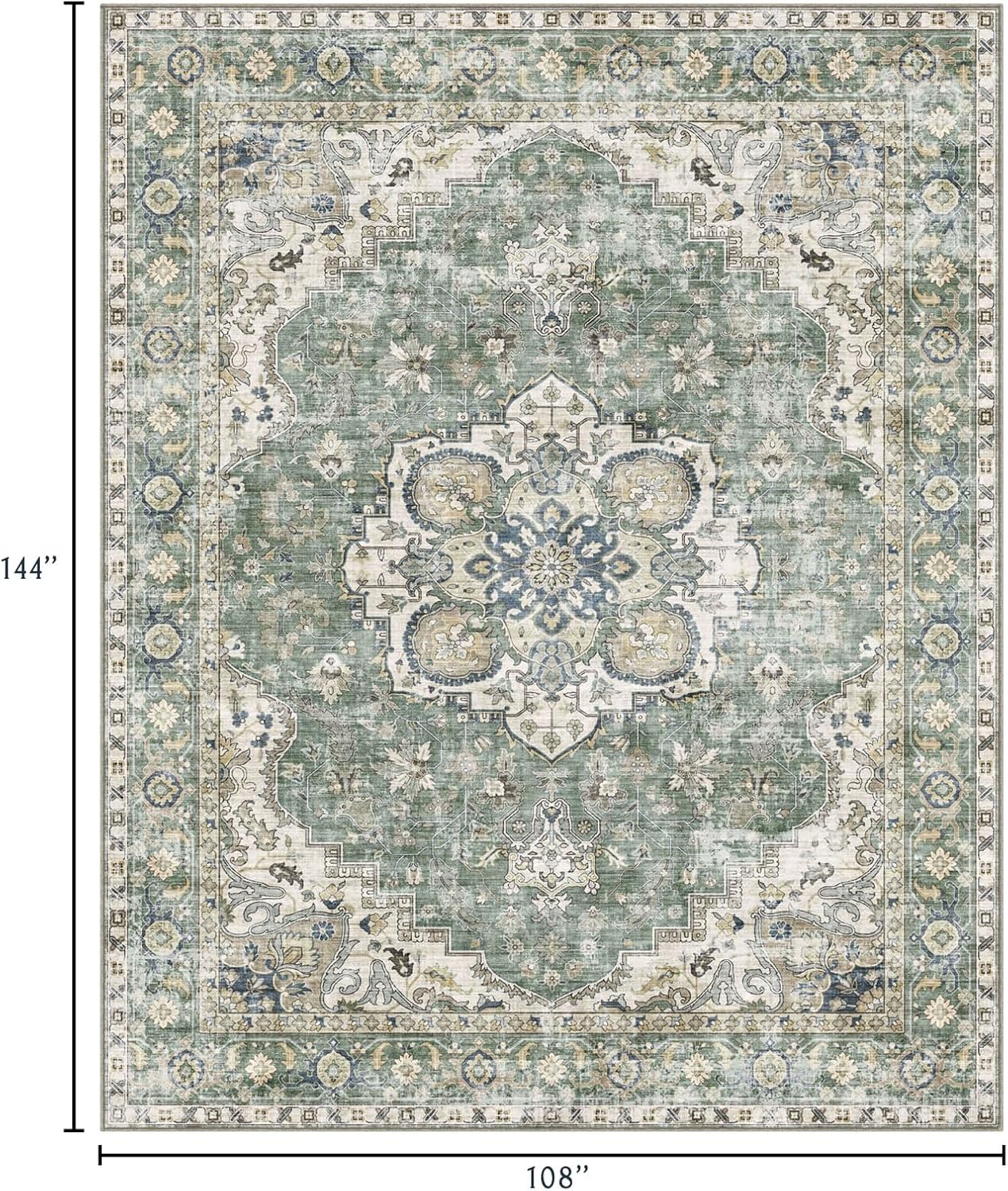 Area Rugs 9x12 Living Room - Large Washable Sage Green Boho Rugs for Bedroom Soft Vintage Rug Ultra-Thin Farmhouse Oriental Carpet Stain Resistant Rug for Dining Room Guest Room Home Decor