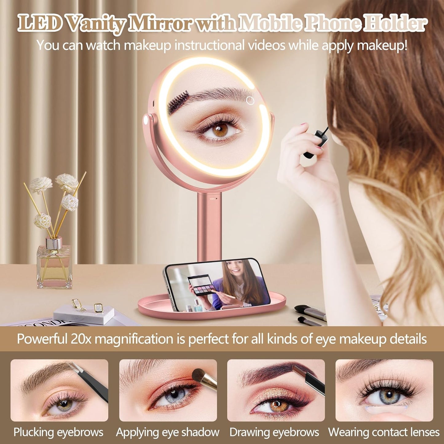 Makeup Mirror with Lights, Double Sided 1x/20x Magnifying Mirror with Light, Rechargeable 3 Color Lights Adjustable Brightness, 360° Rotation Detachable Comes with Tweezer (Rose-Gold)