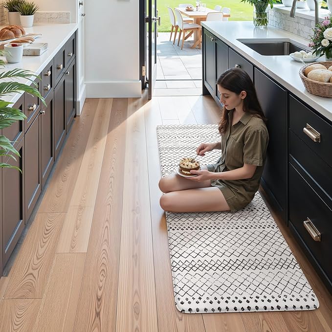KIMODE Anti Fatigue Kitchen Mat for Floor, 20"x71" Farmhouse Kitchen Rug, Non Slip Waterproof Kitchen Floor Mat, Cushioned Standing Mat for Front of Sink Laundry Desk Bedroom Black and White