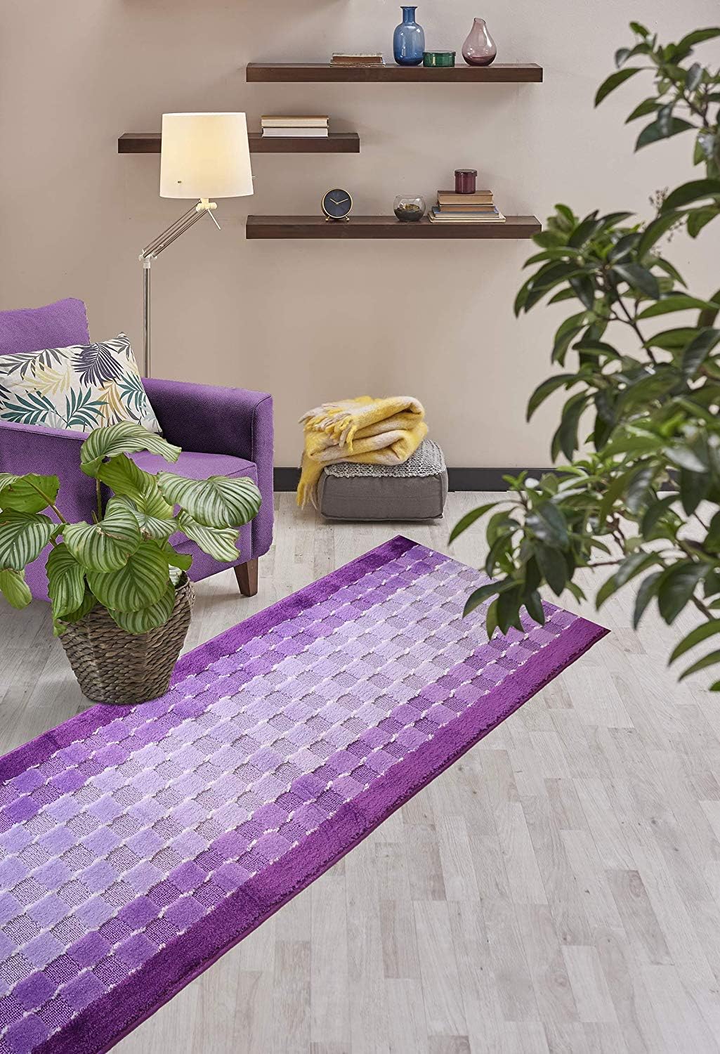 Custom Length Hallway Runner Rug,Slip Resistant,Checkered Lilac, 26 Inch X 21 feet, Sold and Priced Per Foot