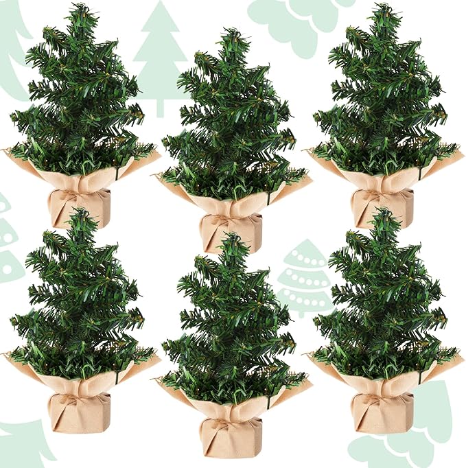 Yinder Tabletop 6 Pcs Mini Christmas Tree 19.69inch Artificial Mini Xmas Miniature Pine Christmas Tree with Linen Base for Xmas Holiday Decorations Indoor Home Kitchen Dining Table