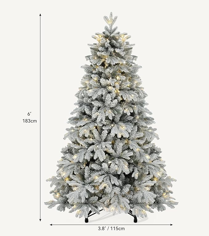 DWVO 6ft Pre-Lit Snow Flocked Artificial Christmas Tree, Luxurious Canaan Fir Design with 1225 PE & PVC Branch Tips, 260 Lights for Colorful Home and Office Holiday Decoration