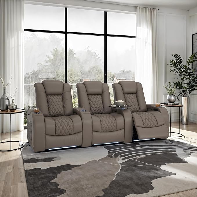 Seatcraft Diamante Zero-Gravity CoolZero Italian Leather Home Theater Seating, Power Headrest, Power Recline, Row of 3, Gray
