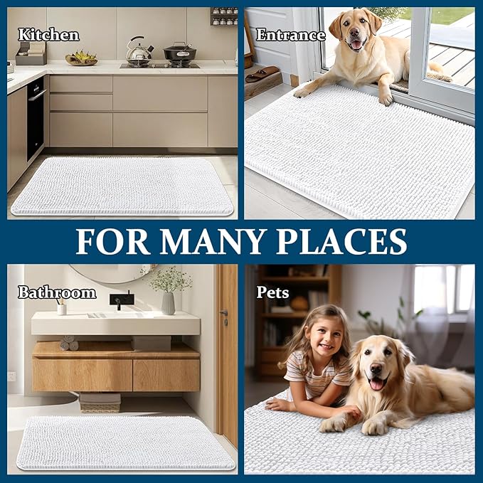 OLANLY Dog Door Mat for Muddy Paws 36x24, Absorbs Moisture and Dirt, Absorbent Non-Slip Washable Doormat, Quick Dry Chenille Mud Mat for Dogs, Entry Indoor Entryway Carpet for Inside Floor, White