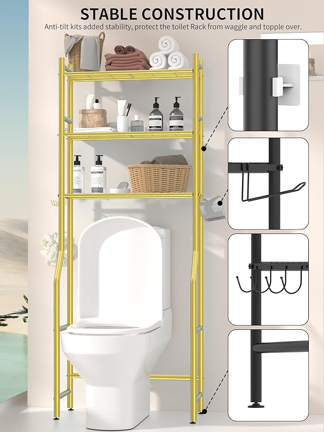 3 Tier Over The Toilet Storage Rack with 2 Basket, Metal Freestanding Bathroom Shelves Toilet with Paper Holder and 4 Hooks, Over Toilet Storage Shelf for Bathroom Storage, Glod