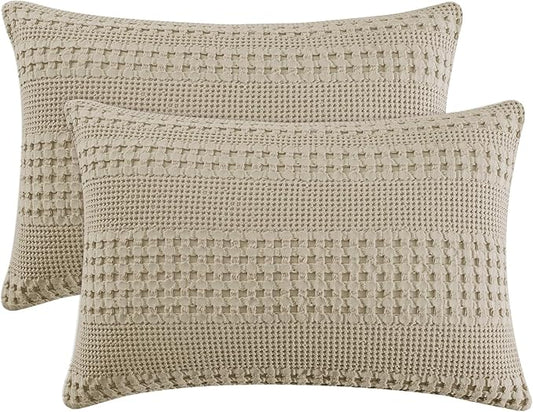 PHF Waffle Weave Pillow Shams King Size, 2 Pack 100% Cotton Pillowcases 20" x 36", No Insert, Soft & Breathable Aesthetic Woven Pillow Case Covers for Bedroom Decor, Khaki