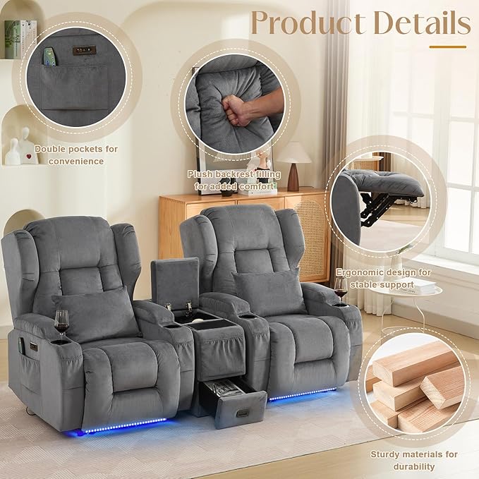 Wall Hugger Power Recliner Chair, Home Theater Seating Electric Recliing Sofa with Massage & Heat, Cup Holder, USB Port, LED Ambient Light, Storage for Living Room (Grey, Chair + Console)