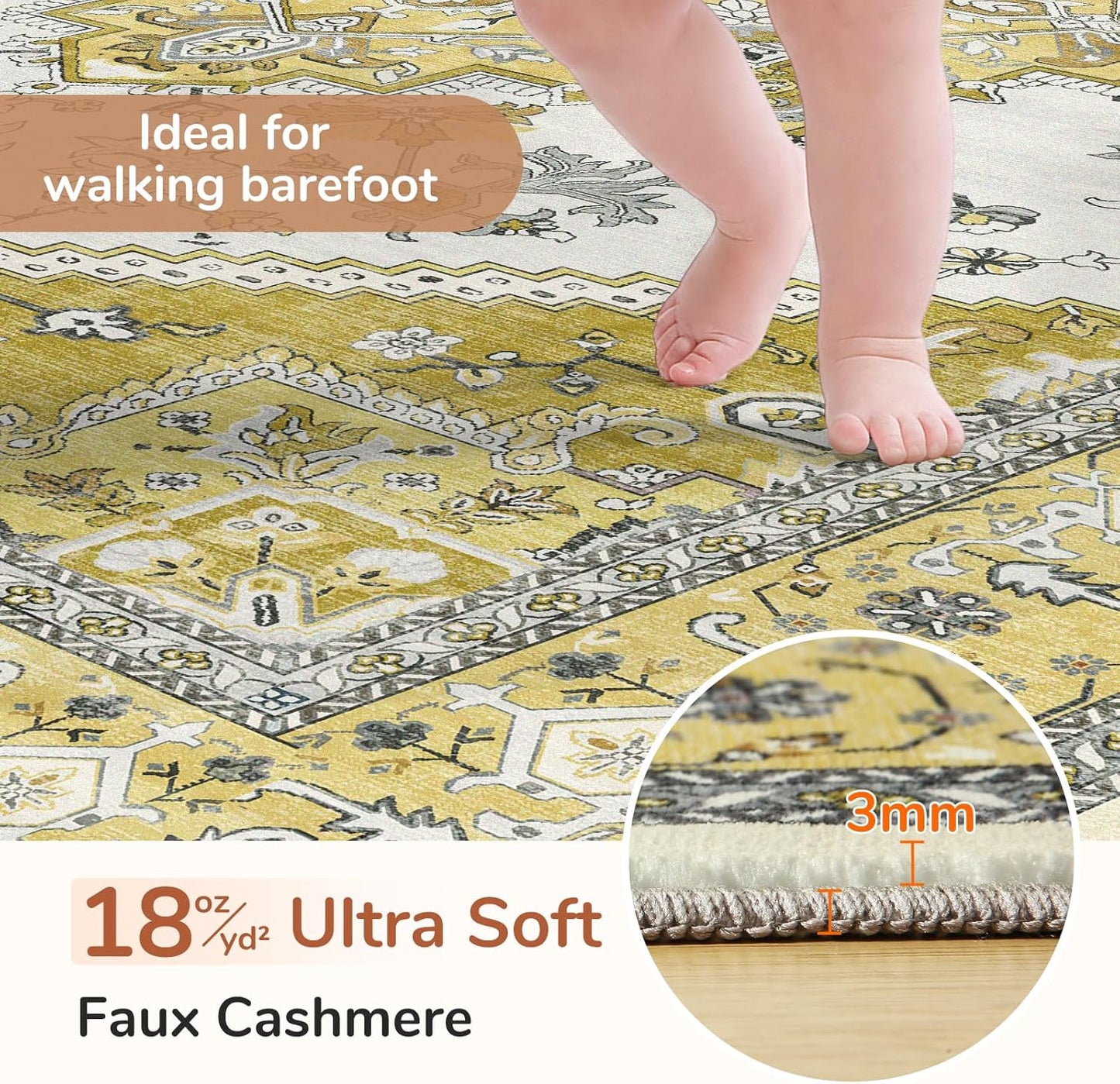 OPPODREAM Soft Area Rugs 9x12 Living Room, Washable Rugs 9x12 with Non Slip Backing, Faux Cashmere Low-Pile 9 x 12 Carpet, Yellow