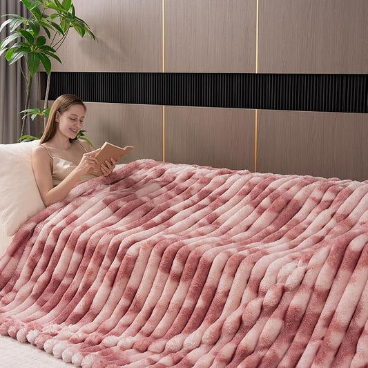 Throw Blanket for Couch - 108" x 90" Faux Rabbit Fur Throw Blanket Cozy Soft Warm Blankets for Bed Sofa Bedroom Living Room Fluffy Striped Blankets for Fall Winter, Home Decor, Pink