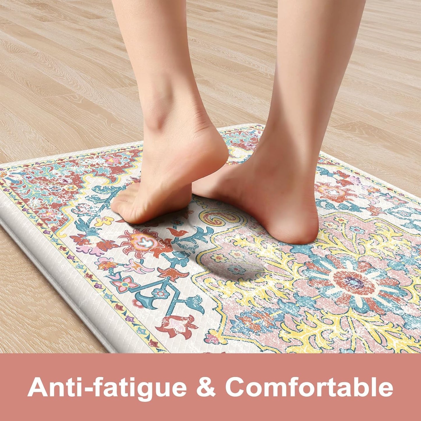 KIMODE Kitchen Mats for Floor, 17"x47"+17"x29" Boho Vintage Kitchen Rugs 2 PCS, Cushioned Anti Fatigue Mats for Kitchen Floor, Non-Slip Kitchen Floor Mats, Sink, Laundry, Office, Desk Pink