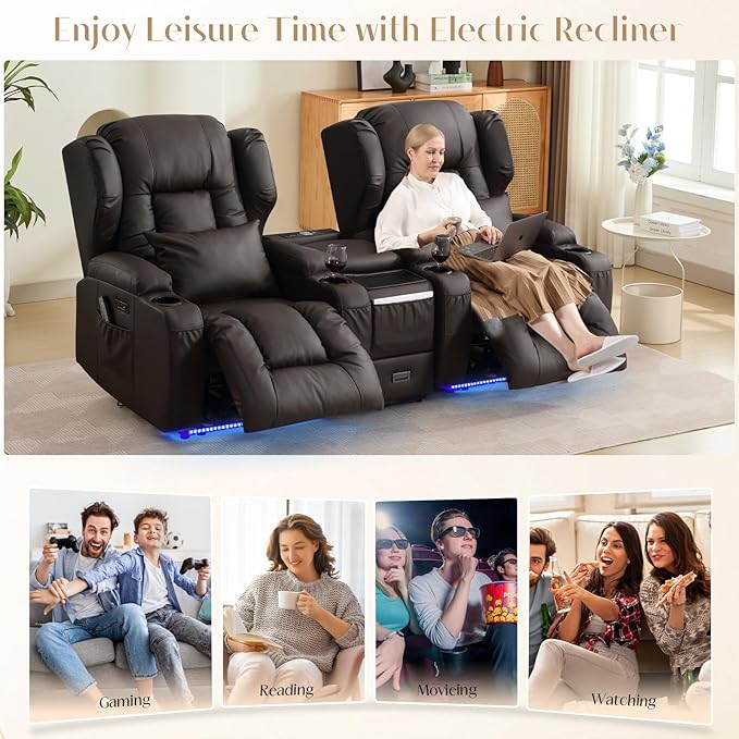 Wall Hugger Power Recliner Chair, Home Theater Seating Electric Recliing Sofa with Massage & Heat, Cup Holder, USB Port, LED Ambient Light, Storage for Living Room (Brown, Chair + Console)