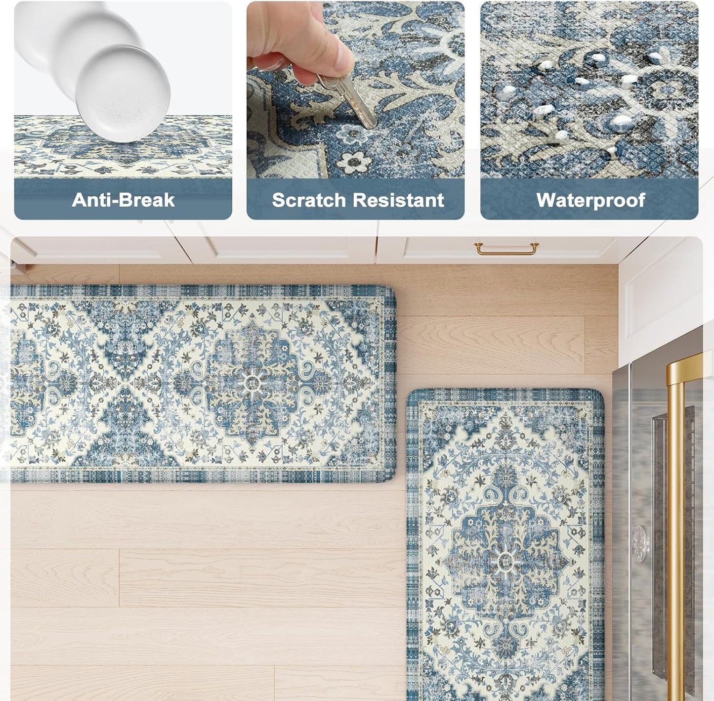 KIMODE Anti Fatigue Kitchen Mats, 17"x47"+17"x29" Boho Vintage Kitchen Rugs Sets of 2, Non Slip Kitchen Mats for Floor, Cushioned Kitchen Floor Mats for Sink Laundry Office Desk Blue Multi