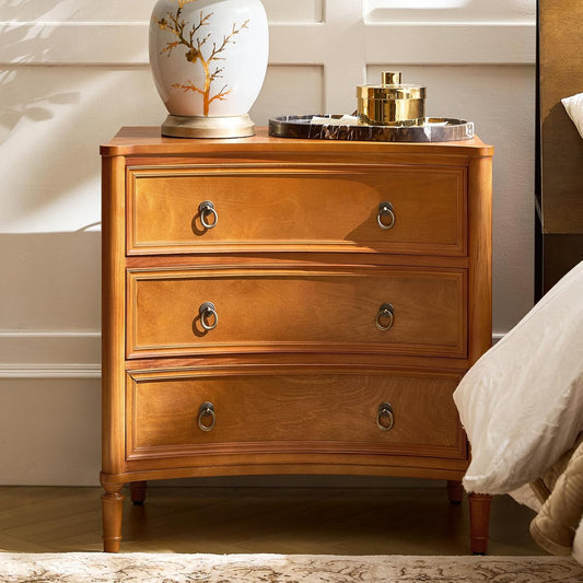 HULALA HOME 3 Drawer Nightstand with Charging Station, 26" Wide Nightstand with Solid Wood Legs and Curved Profile, Classic Bedside Table for Living Room Bedroom, Acorn