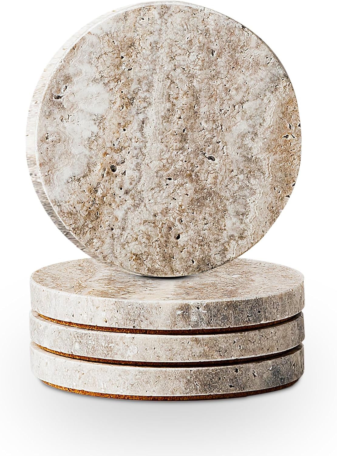 WORHE Marble Coaster for Drinks 4" Diameter Set of 4 Round Travertine Coasters for Home Decor Office Parties Birthday Housewarming Gift, Protect Countertops from Dirty,Sturdy and Tough Gray (WH056)