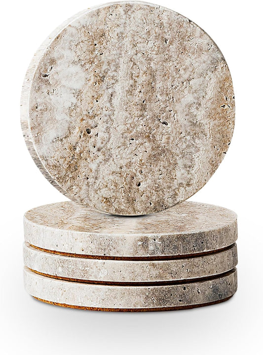 WORHE Marble Coaster for Drinks 4" Diameter Set of 4 Round Travertine Coasters for Home Decor Office Parties Birthday Housewarming Gift, Protect Countertops from Dirty,Sturdy and Tough Gray (WH056)