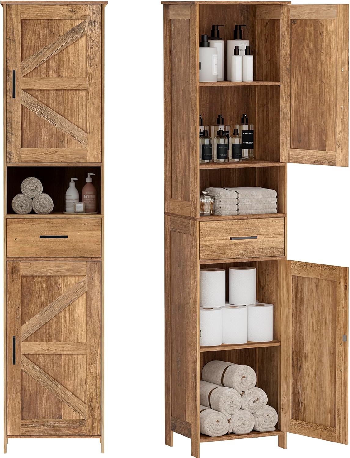 Homhedy 67" H Tall Bathroom Storage Cabinet with 2 Barn Doors and 1 Drawer, Narrow Storage Unit, Adjustable Shelves, Floor Cabinet for Bathroom, Living Room, Entryway, Kitchen, Rustic Walnut, (15.7"W)