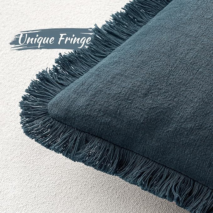 MIULEE Decorative Throw Pillow Covers Neutral Linen Fringe Throw Pillows Set of 2 Navy Blue Boho Farmhouse Cushion Covers with Tassels for Couch Sofa Bed Living Room Spring Home Decor 18x18 Inch