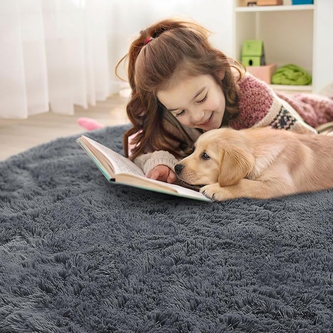 OLANLY Grey Round Rugs for Bedroom - Machine Washable, 5 ft Circle Area Rugs for Living Room, Soft and Fluffy Shaggy Carpet for Teen Girls and Boys, Nursery Rooms, Dorms, Home Decor Aesthetic