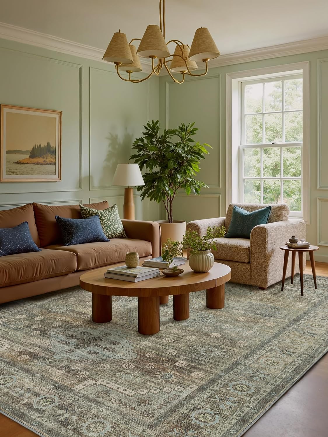 Area Rugs 9x12 for Living Room Bedroom, Modern Boho Machine Washable Large Distressed Light Greyish Sage Green Rug, Low Pile Floor Carpet with Non Slip Backing for Dining Room