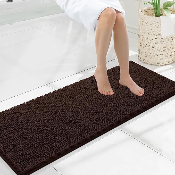 Smiry Luxury Chenille Bathroom Rugs 47x17, Extra Soft and Absorbent Shaggy Bath Mat, Machine Washable, Non-Slip Plush Carpet Runner for Tub, Shower, and Floor, Home Decor Accessories, Brown