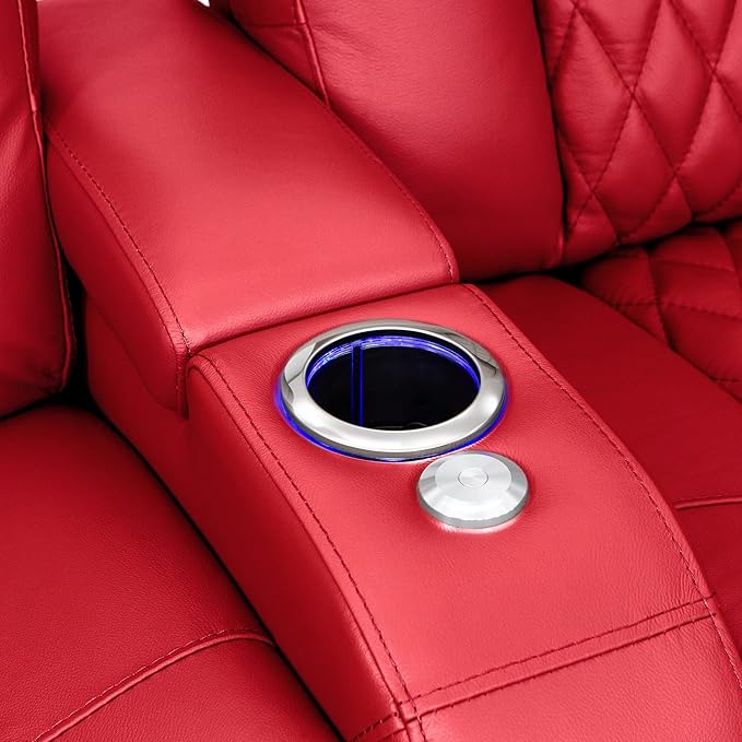 Seatcraft Diamante - Home Theater Seating - Living Room - Power Recline - Italian Leather - Powered Headrests - Cupholders - USB Charging - Ambient Lighting - Arm Storage, Red, Row of 4