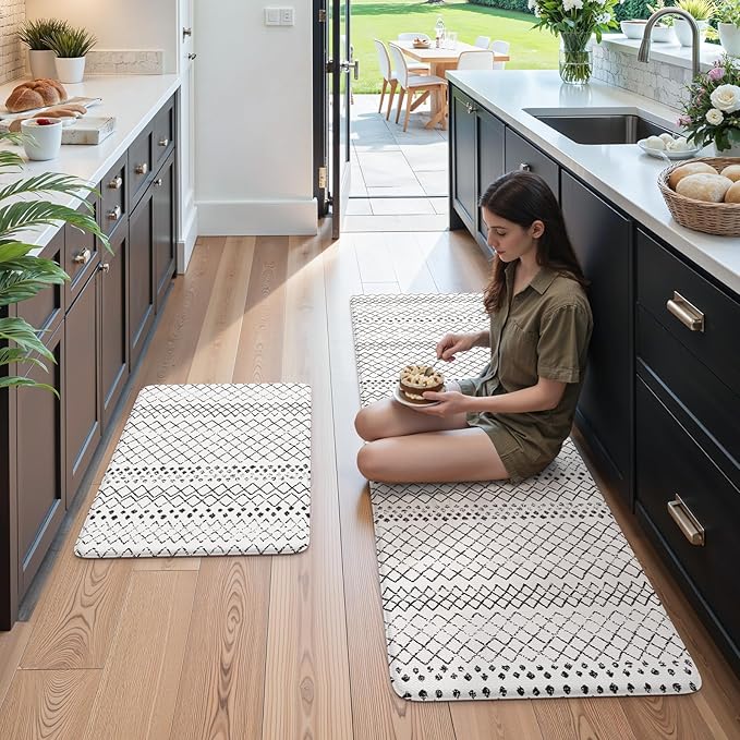 KIMODE Kitchen Mats for Floor Cushioned Anti Fatigue, Boho Kitchen Rugs Sets of 2, Non Slip Kitchen Floor Mats,Comfort Standing Mats for Sink Laundry Desk Black and White 20"x71"+20"x32"