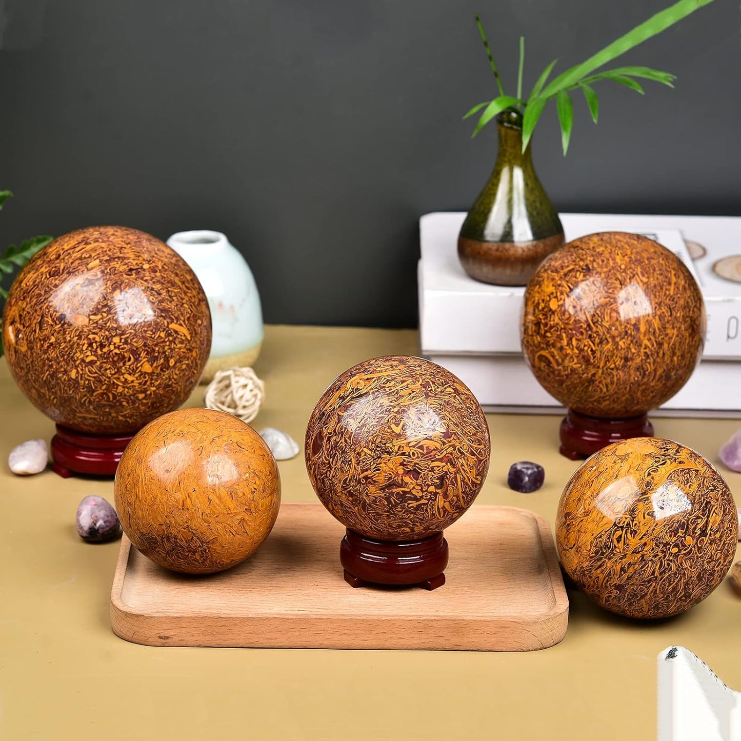 JIC Gem Reiki Healing Crystals Sphere Ball Natural Golden Silk Jade Gemstone with Decorative Stand Home Decoration (50-60mm)