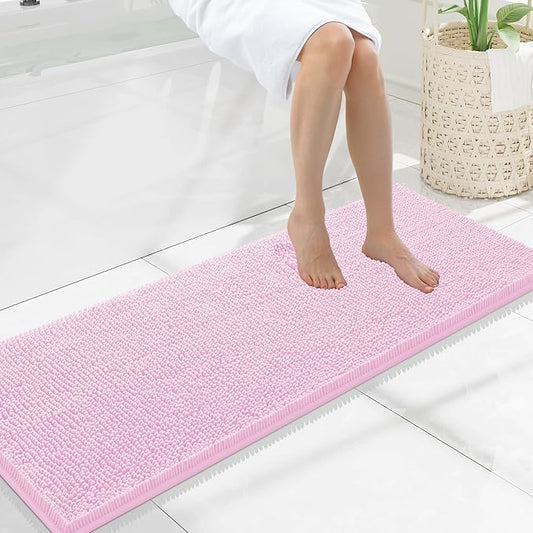 Smiry Luxury Chenille Bathroom Rugs 47x17, Extra Soft and Absorbent Shaggy Bath Mat, Machine Washable, Non-Slip Plush Carpet Runner for Tub, Shower, and Floor, Home Decor Accessories, Pink