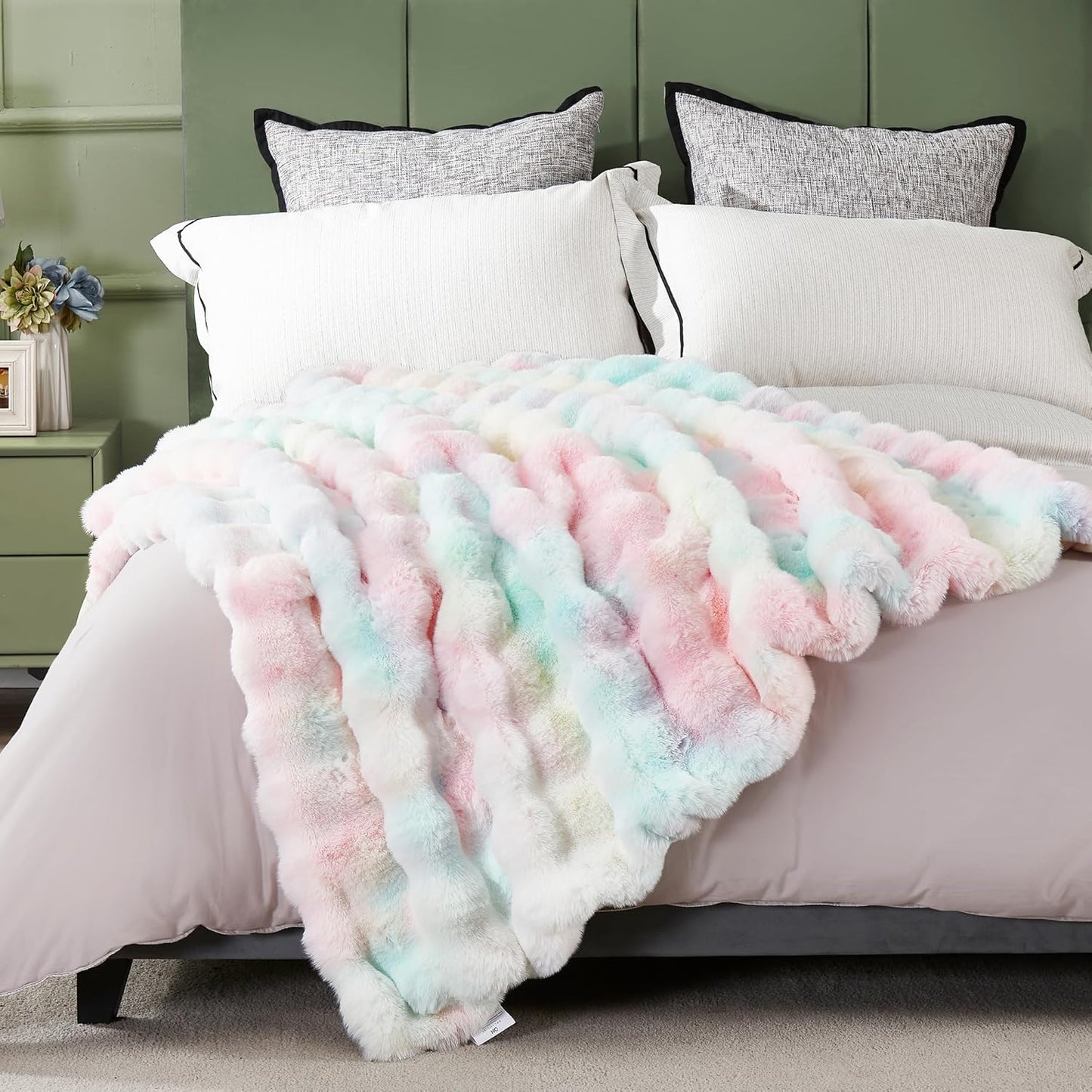 JONIYEAR Decorative Colorful Bubble Faux Rabbit Fur Throw Blanket 50" x 60", Thick Pastel Textured Warm Fluffy Blanket for Winter,Luxury Shag Cute Cozy Fuzzy Furry Lap Blankets for Couch Women,Rainbow
