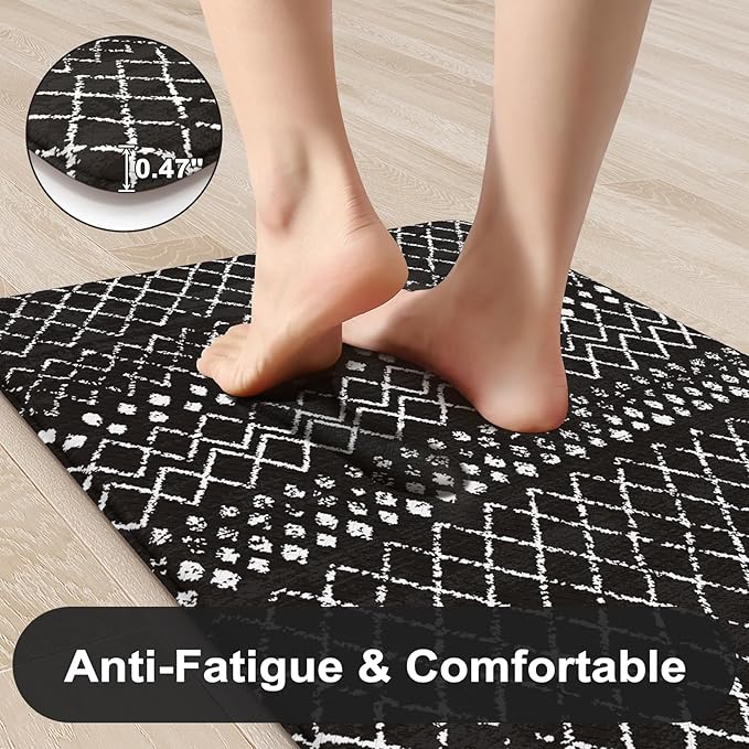 KIMODE Anti Fatigue Kitchen Mats for Floor 2 Piece, Cushioned Farmhouse Kitchen Rugs, Memory Foam Kitchen Floor Mats, Standing Desk Mats for Laundry Office Sink Black 20"x47"+20"x32"