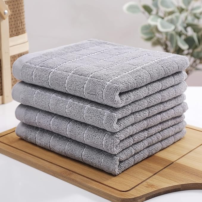 Homaxy 100% Cotton Terry Kitchen Towels(Light Grey, 13 x 28 inches), Checkered Designed, Soft and Super Absorbent Dish Towels, 8 Pack