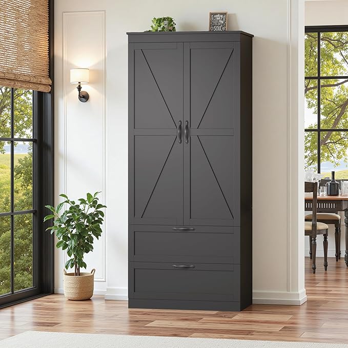 HOSTACK 70" Tall Kitchen Pantry Storage, Barn Doors Pantry Cabinet with Drawers and Adjustable Shelf, Modern Farmhouse Storage Cabinet for Kitchen, Dining Room, Living Room, Bathroom, Black