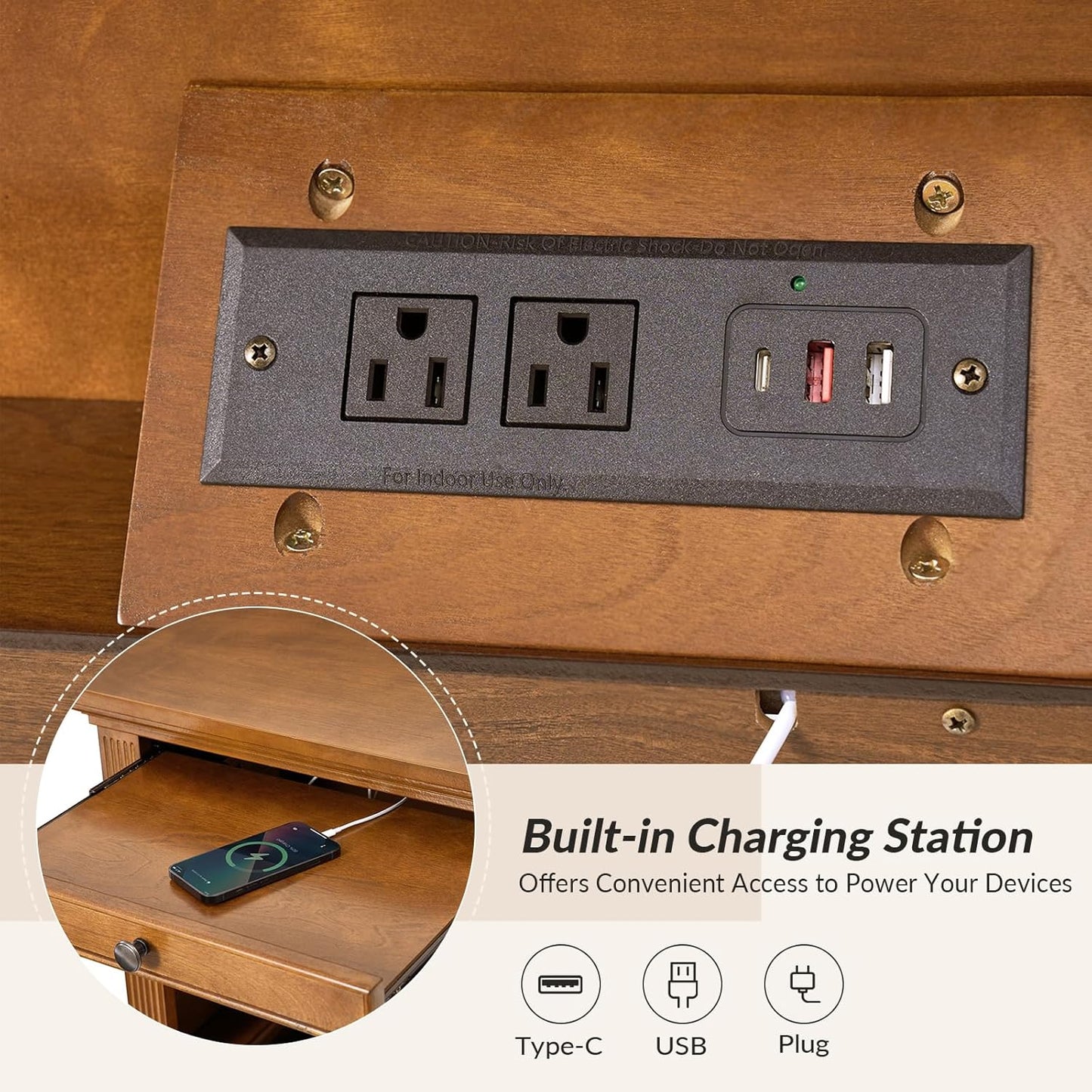 HULALA HOME Wood Nightstand with Tray and Storage Shelves, Traditional Design with Roman Column, End Table with Charging Station/LED, AC0RN