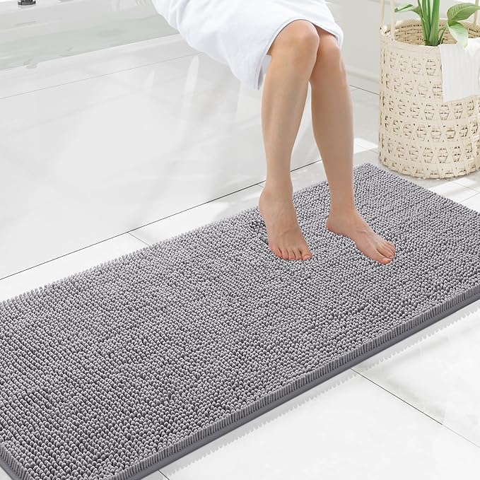 Smiry Luxury Chenille Bathroom Rugs 59x20, Extra Soft and Absorbent Shaggy Bath Mat, Machine Washable, Non-Slip Plush Carpet Runner for Tub, Shower, and Floor, Home Decor Accessories, Grey