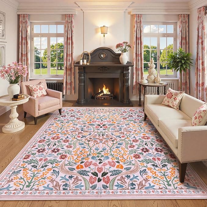 Lahome Floral Pink Boho Rugs for Classroom, 8x10 Flower Washable Rug for Bedroom Girls, Non Slip Botanical Carpet for Living Room Nursery Kids Room, Large Soft Non Shedding Easy to Clean Carpets