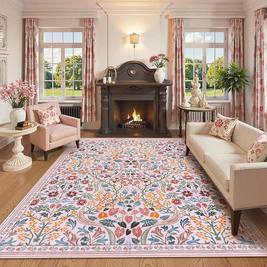 Lahome Floral Pink Boho Rugs for Classroom, 8x10 Flower Washable Rug for Bedroom Girls, Non Slip Botanical Carpet for Living Room Nursery Kids Room, Large Soft Non Shedding Easy to Clean Carpets