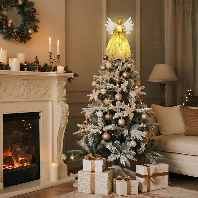 YOFIT 12-inch Lighted Angel Christmas Tree Topper - Battery Operated with Warm White LED Lights, Angel Ornaments for Xmas Tree Decor, Home Holiday Decorations
