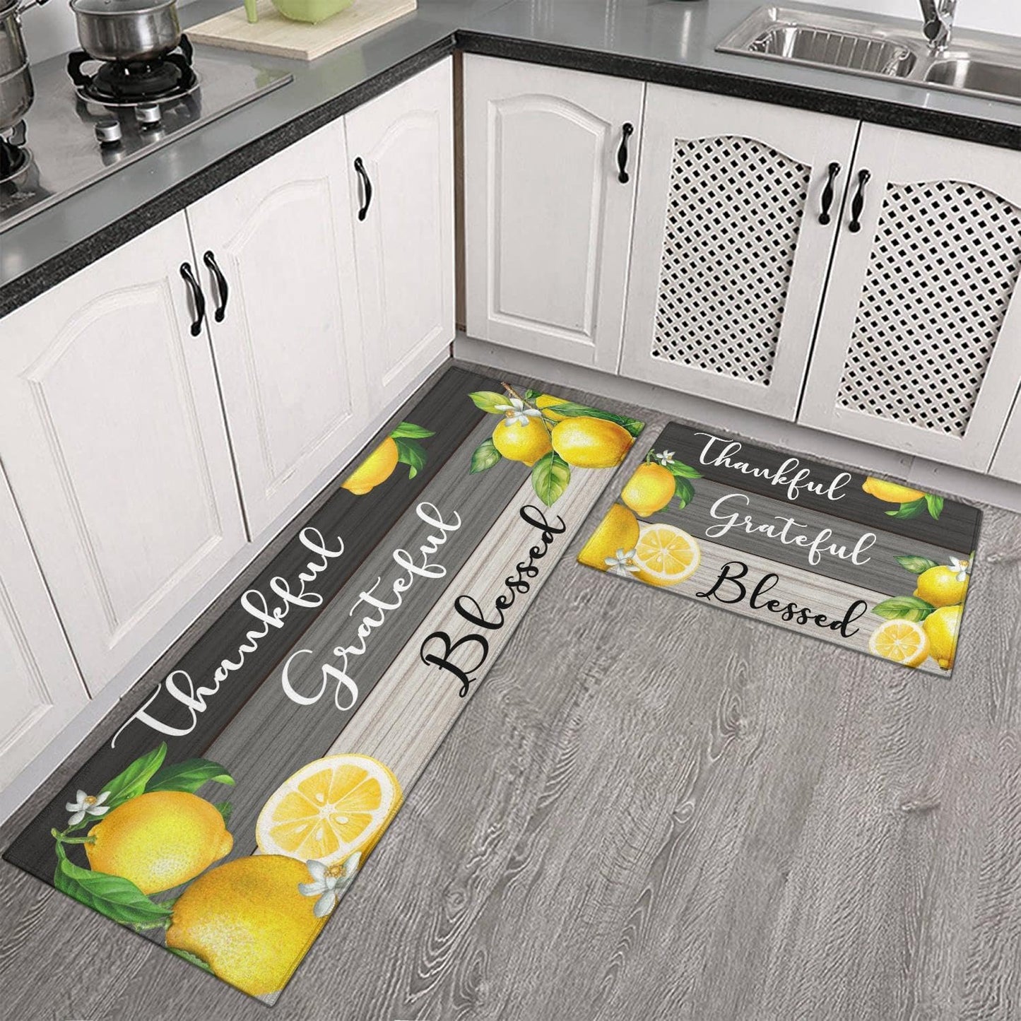 2 Piece Lemon Kitchen Decor Rugs Set, Farmhouse Country Kitchen Rugs and Mats Non Skid Washable Absorbent Microfiber Kitchen Accessories Decoration Floor Mats 17"x47"+17"x30"