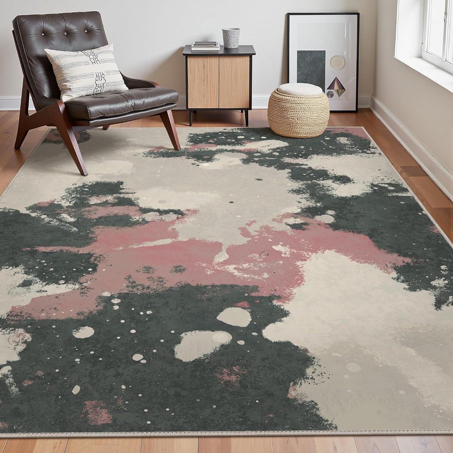 Area Rugs 8x10 for Living Room Bedroom, Modern Splash Abstract Machine Washable Rug, Large Soft Low Pile Floor Cover with Non Slip Backing for Dining Room, Pink/Charcoal