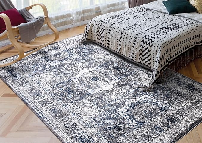 Keen Home Design Area Rugs - Non-Shedding, Thick Pile Abstract Rugs for Kitchen, Living Room, Bedroom, Dining Room, Entryway (Medallion Grey/Blue/Cream, 5'11'' x 9'2'')